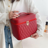 Tragbare Kosmetiktasche mit Spiegeldesign, modische Rautenstickerei, doppellagiger Koffer, große Kapazität, Make-up-Aufbewahrungstaschen für Damen
