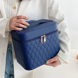 Tragbare Kosmetiktasche mit Spiegeldesign, modische Rautenstickerei, doppellagiger Koffer, große Kapazität, Make-up-Aufbewahrungstaschen für Damen