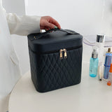 Tragbare Kosmetiktasche mit Spiegeldesign, modische Rautenstickerei, doppellagiger Koffer, große Kapazität, Make-up-Aufbewahrungstaschen für Damen