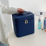 Tragbare Kosmetiktasche mit Spiegeldesign, modische Rautenstickerei, doppellagiger Koffer, große Kapazität, Make-up-Aufbewahrungstaschen für Damen