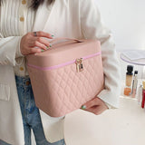 Tragbare Kosmetiktasche mit Spiegeldesign, modische Rautenstickerei, doppellagiger Koffer, große Kapazität, Make-up-Aufbewahrungstaschen für Damen