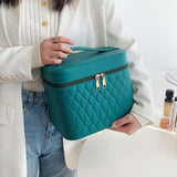 Tragbare Kosmetiktasche mit Spiegeldesign, modische Rautenstickerei, doppellagiger Koffer, große Kapazität, Make-up-Aufbewahrungstaschen für Damen